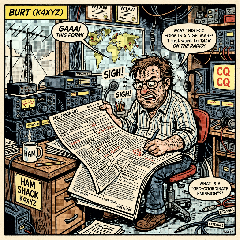 Frustrated ham radio operator reading FCC Form 601 amid radio equipment